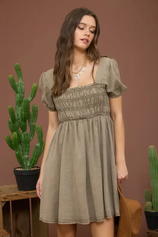 Olive Smocked Puff Sleeve Mini Dress sold by Pinkblush