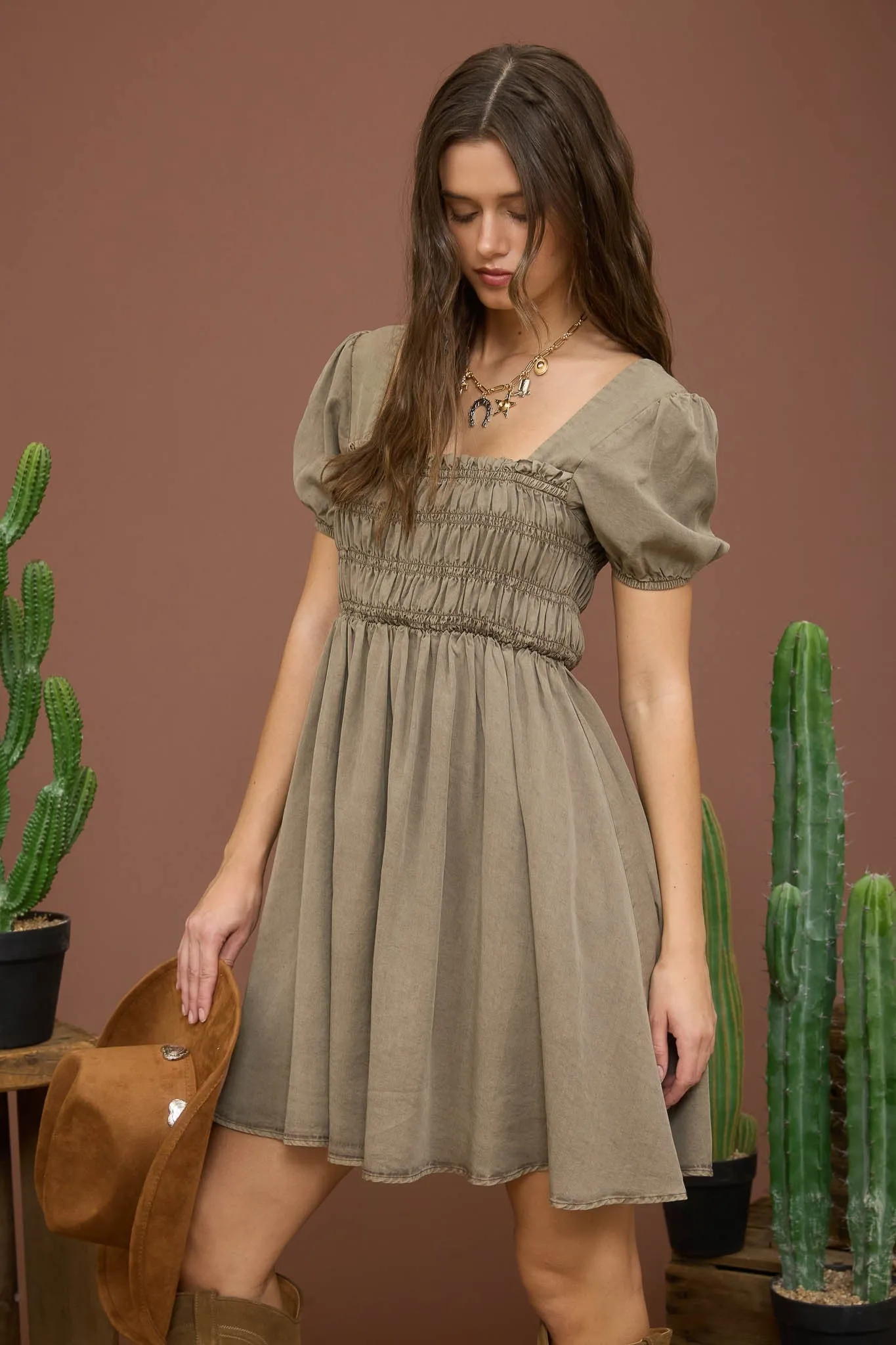 Olive Smocked Puff Sleeve Mini Dress sold by Pinkblush product image thumbnail 2