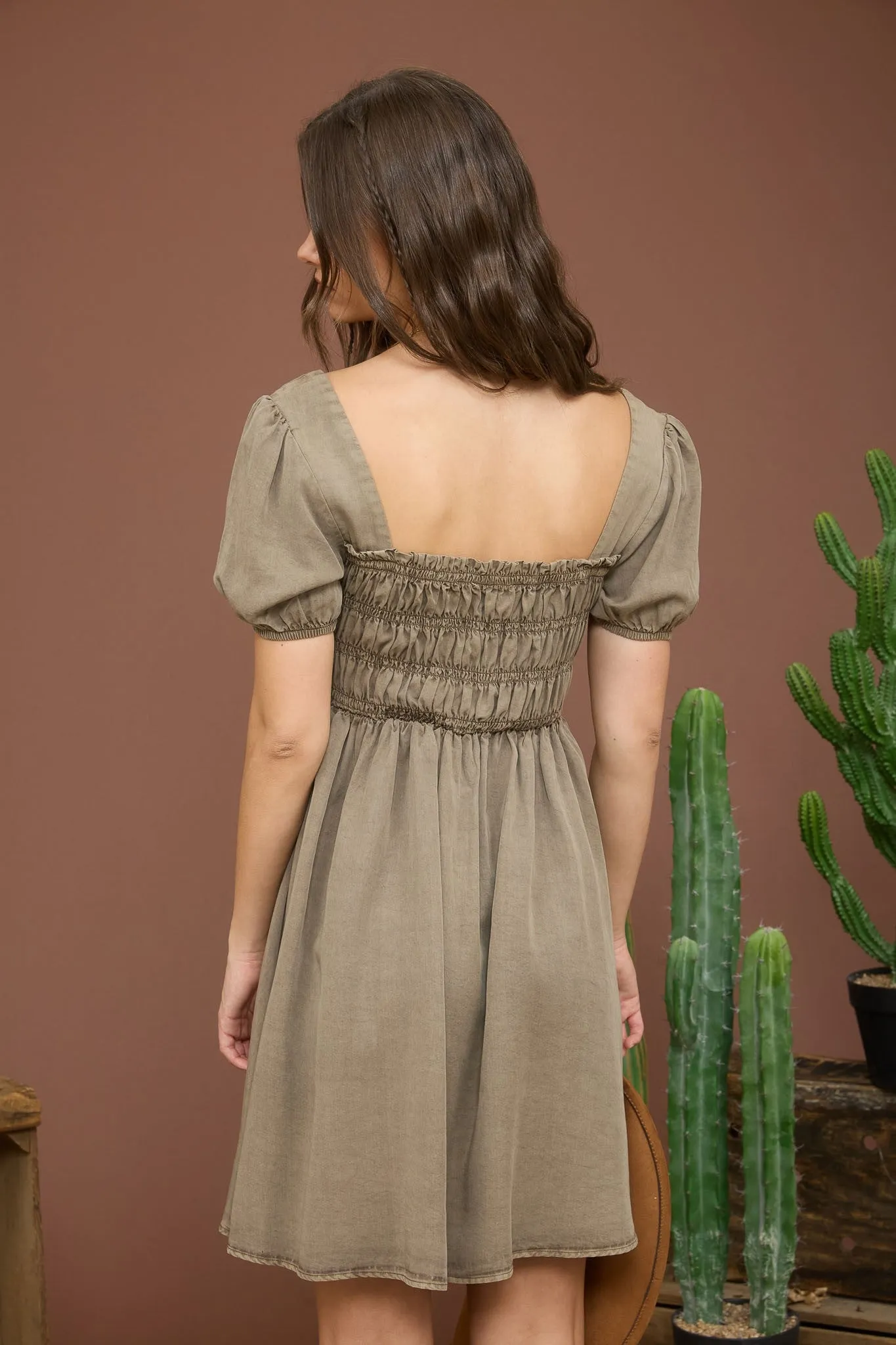 Olive Smocked Puff Sleeve Mini Dress sold by Pinkblush product image thumbnail 3