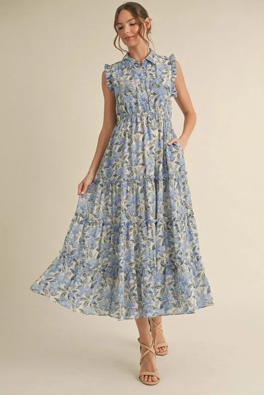 Blue Floral Print Frilled Pocketed Midi Dress sold by Pinkblush
