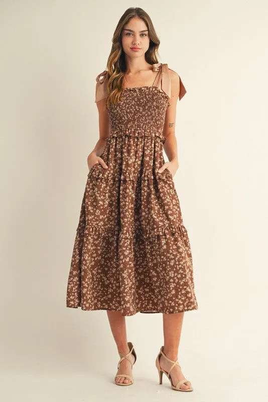 Brown Tie Shoulder Detail Floral Midi Dress sold by Pinkblush