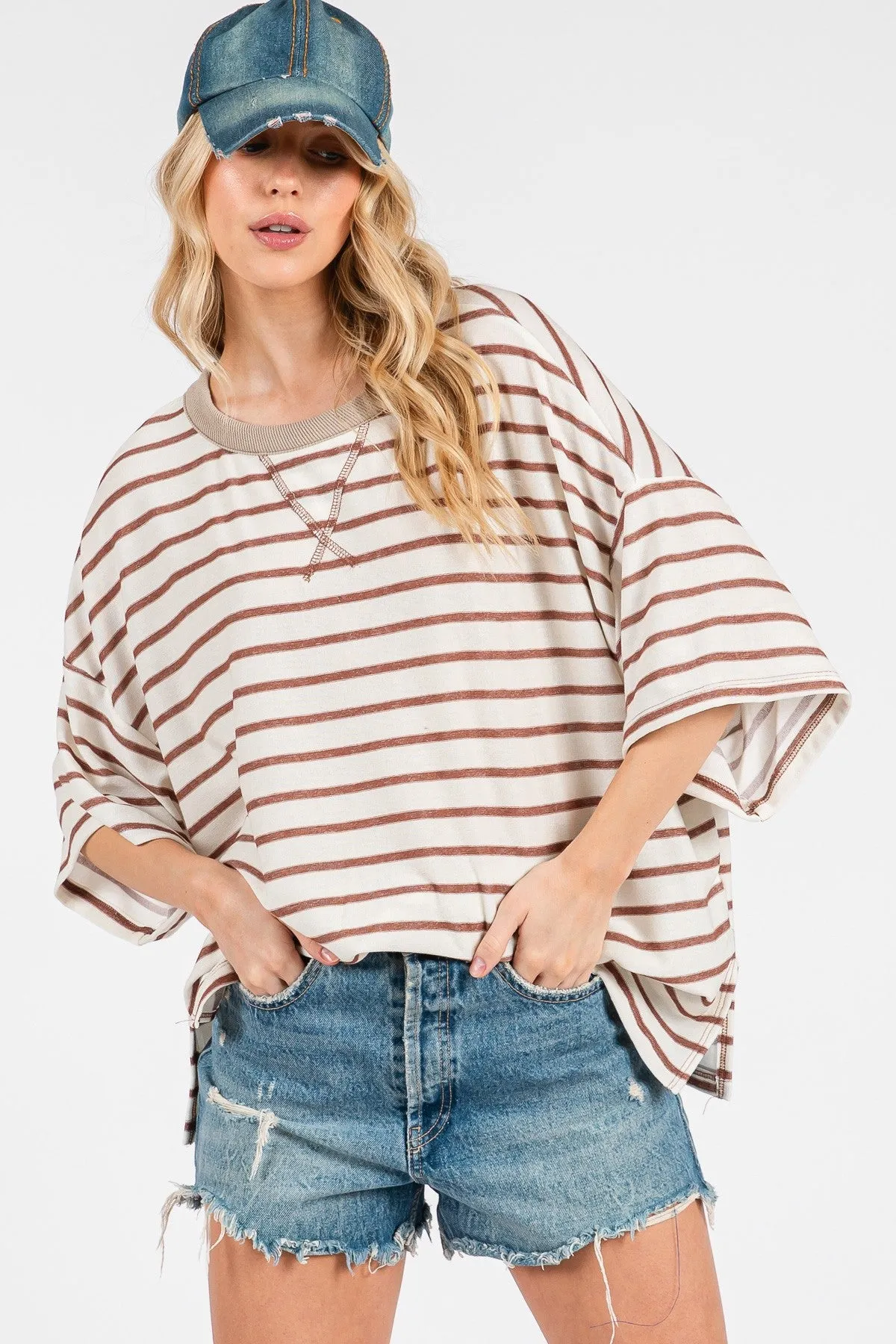 Mocha Striped Relaxed Fit Pullover T-Shirts Top sold by Pinkblush