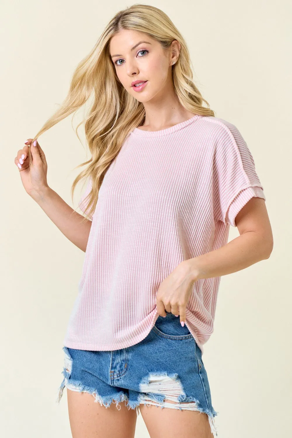 Pink Ribbed Exposed Seam Short Sleeve Top sold by Pinkblush