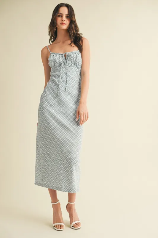 Blue Textured Plaid Drawstring Neck Midi Dress sold by Pinkblush