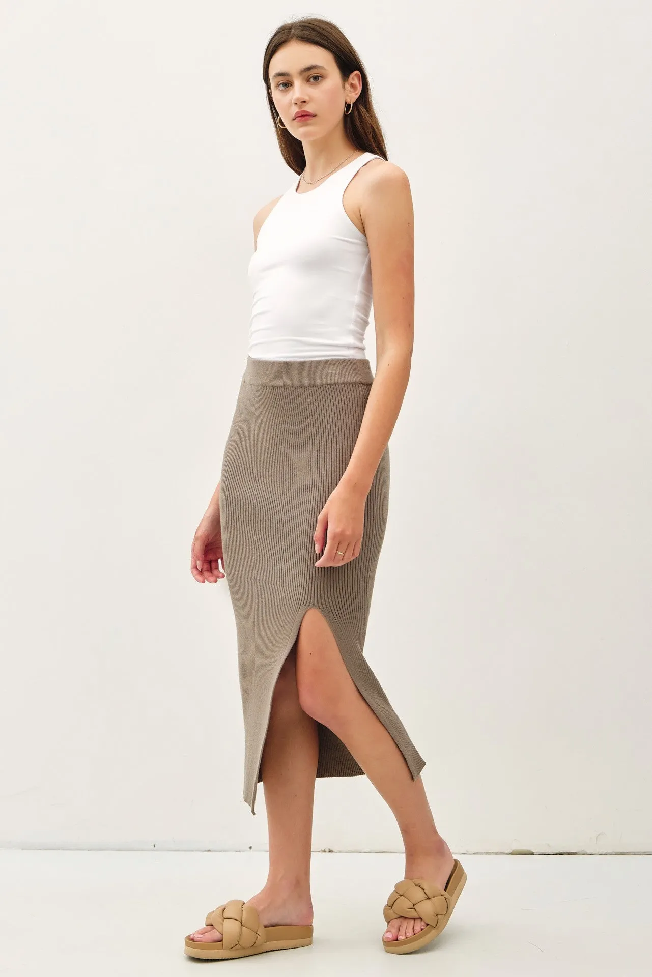 Olive Ribbed Knit Side Slit Midi Skirt sold by Pinkblush product image thumbnail 2