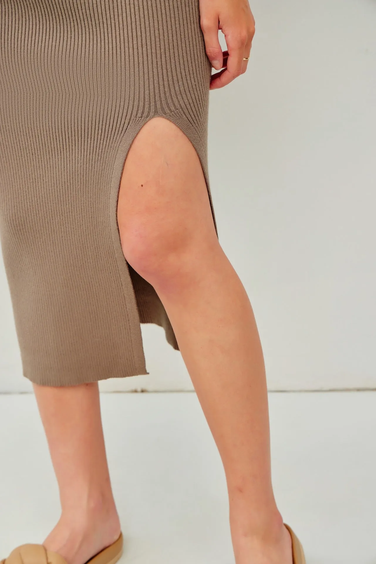 Olive Ribbed Knit Side Slit Midi Skirt sold by Pinkblush product image thumbnail 4