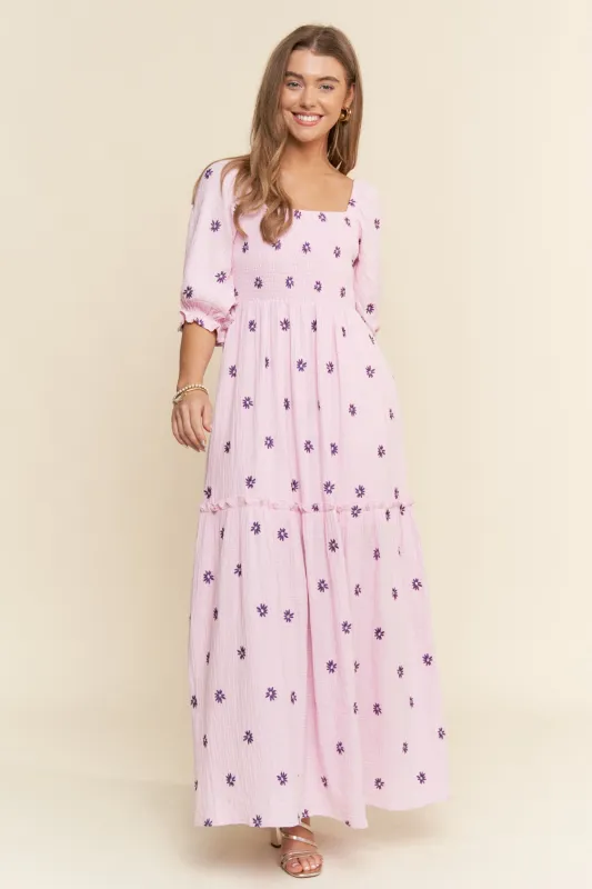 Lavender Floral Smocked Puff Sleeve Maxi Dress sold by Pinkblush