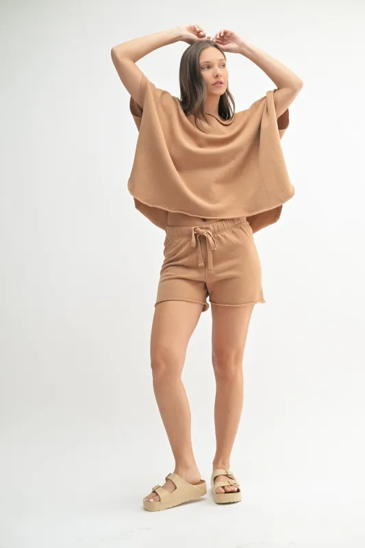 Mocha Drawstring Raw Hem Shorts sold by Pinkblush