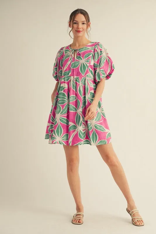 Fuchsia Floral Front Tie Puff Sleeve Dress sold by Pinkblush product image thumbnail 3