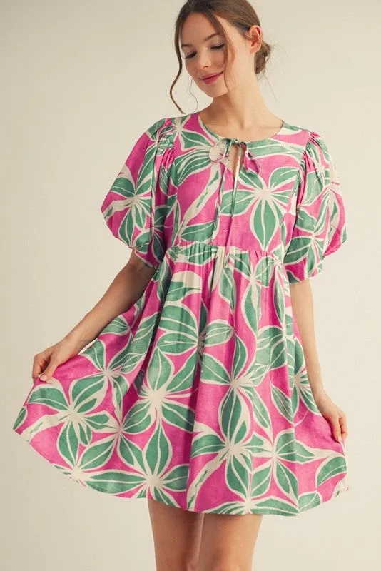 Fuchsia Floral Front Tie Puff Sleeve Dress sold by Pinkblush