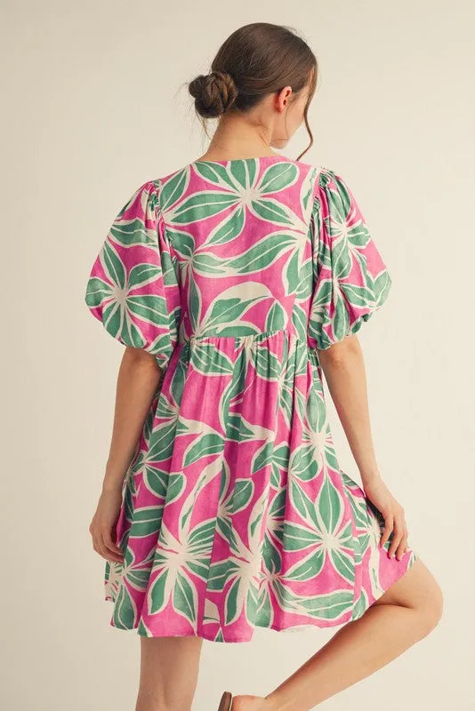 Fuchsia Floral Front Tie Puff Sleeve Dress sold by Pinkblush product image thumbnail 2