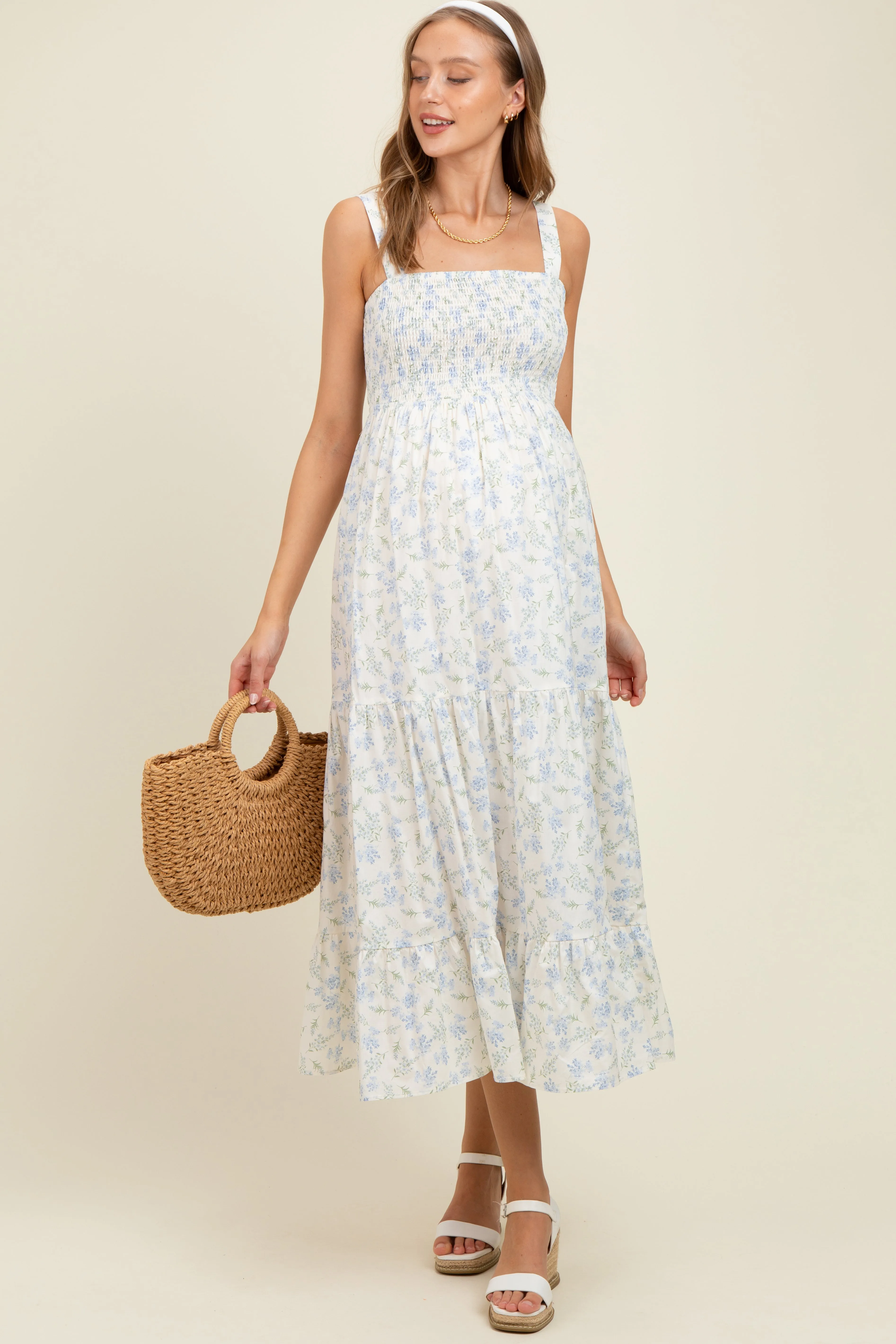 Light Blue Smocked Cotton Floral Sleeveless Maternity Maxi Dress sold by Pinkblush product image thumbnail 2