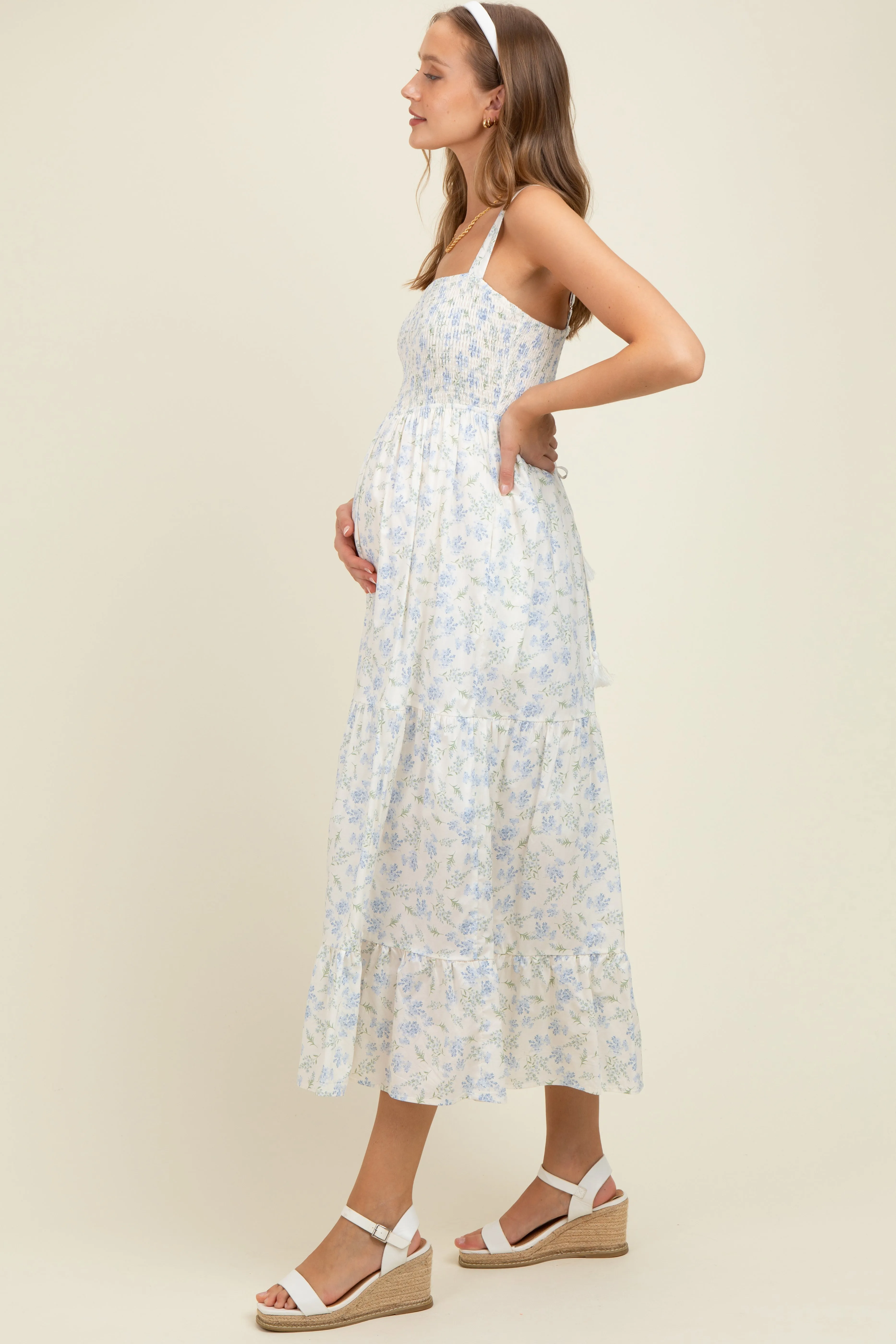 Light Blue Smocked Cotton Floral Sleeveless Maternity Maxi Dress sold by Pinkblush product image thumbnail 3