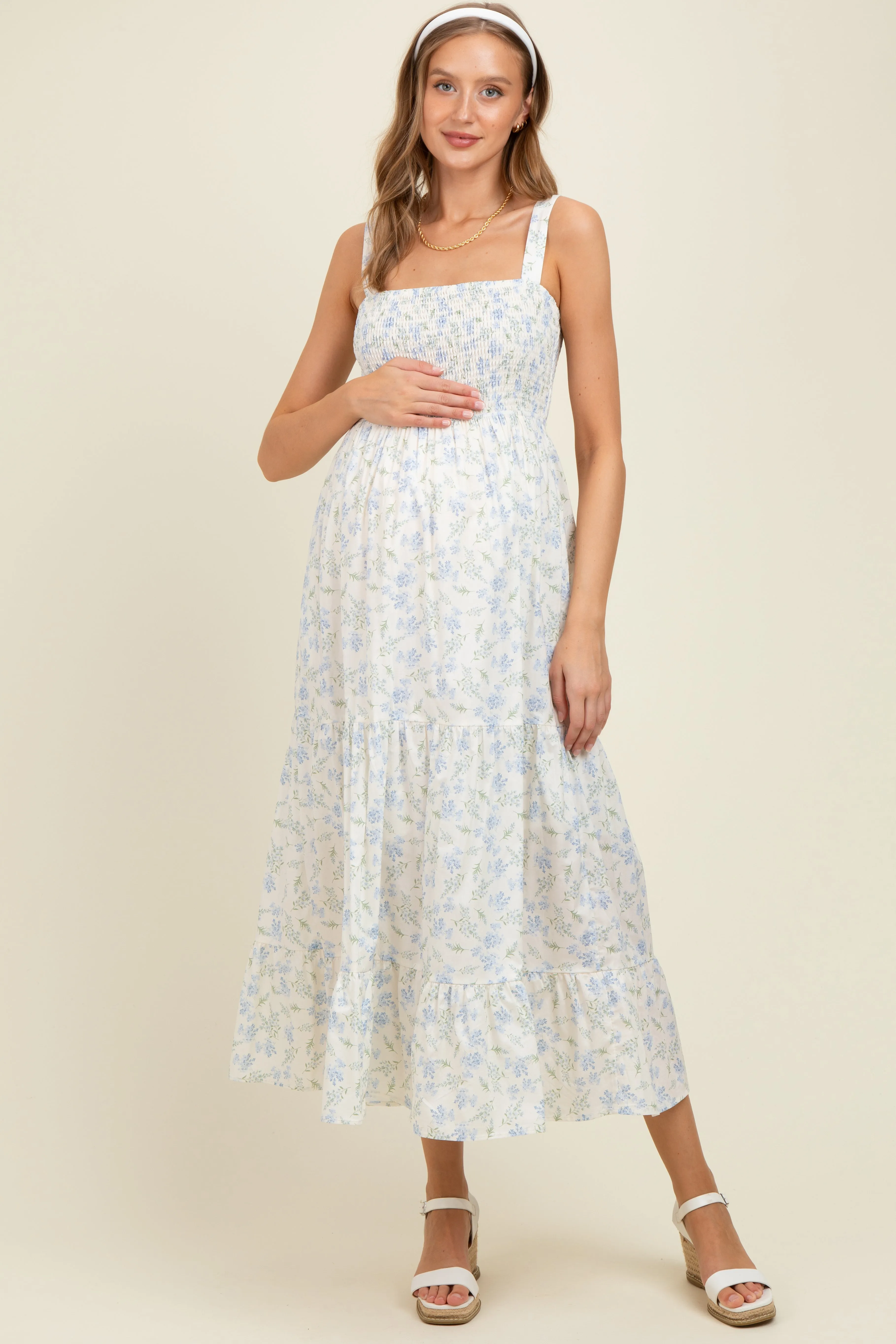 Light Blue Smocked Cotton Floral Sleeveless Maternity Maxi Dress sold by Pinkblush