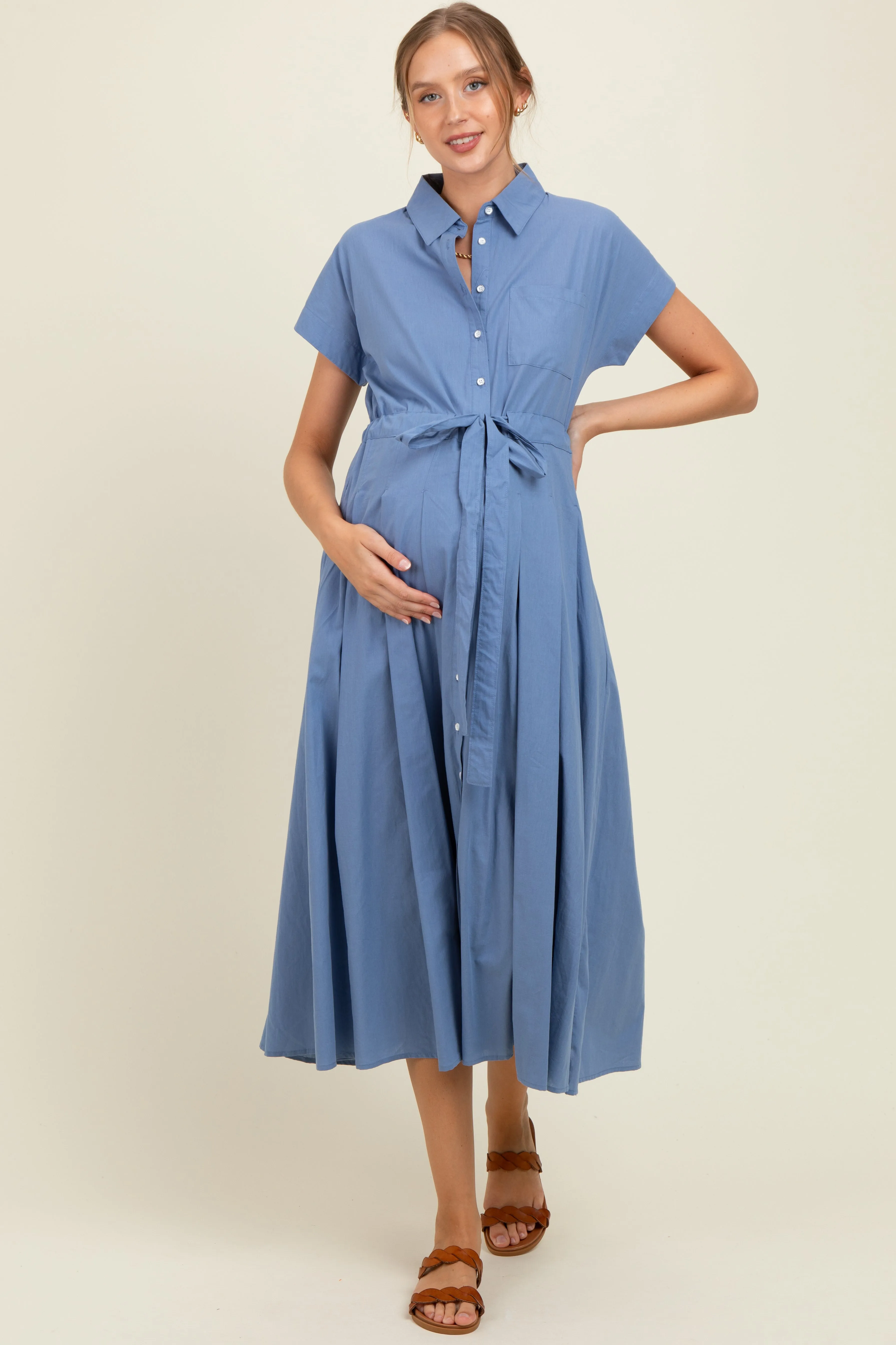 Blue Button Down Shirt Maternity Maxi Dress sold by Pinkblush
