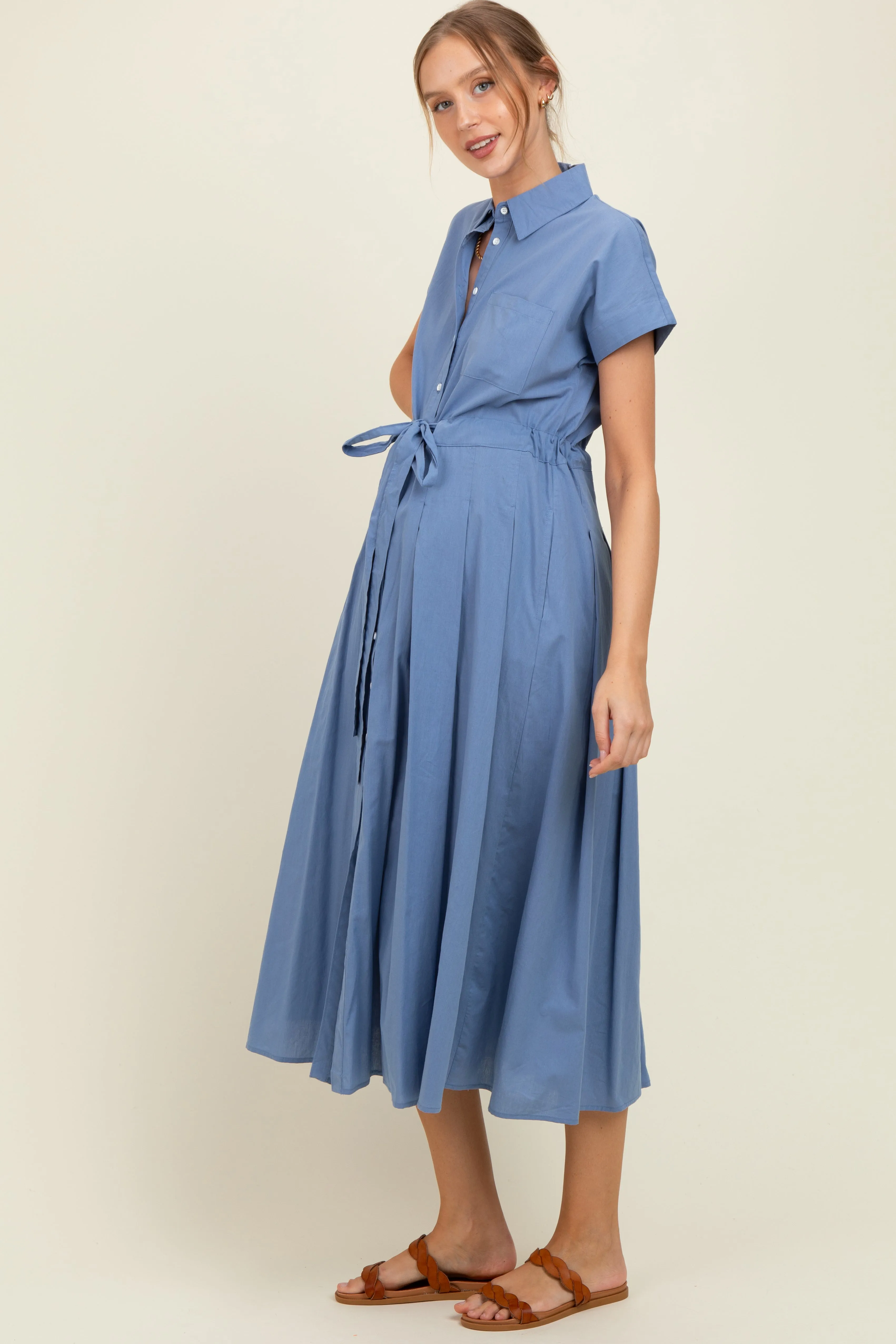 Blue Button Down Shirt Maternity Maxi Dress sold by Pinkblush product image thumbnail 2