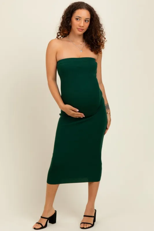 Hunter Green Fitted Tube Knit Maternity Midi Dress sold by Pinkblush