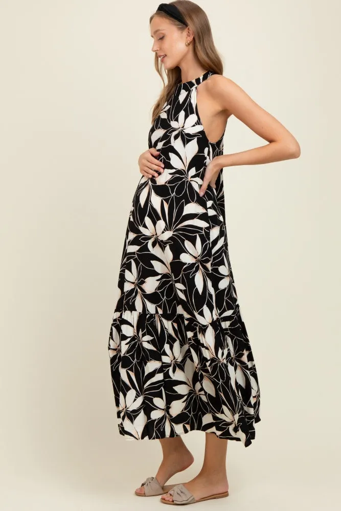 Black/Beige Print Halter Neck Tiered Maternity Maxi Dress sold by Pinkblush product image thumbnail 2