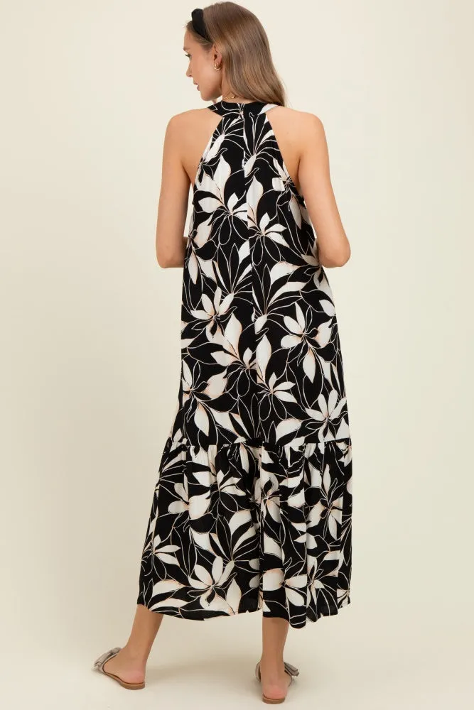 Black/Beige Print Halter Neck Tiered Maternity Maxi Dress sold by Pinkblush product image thumbnail 3