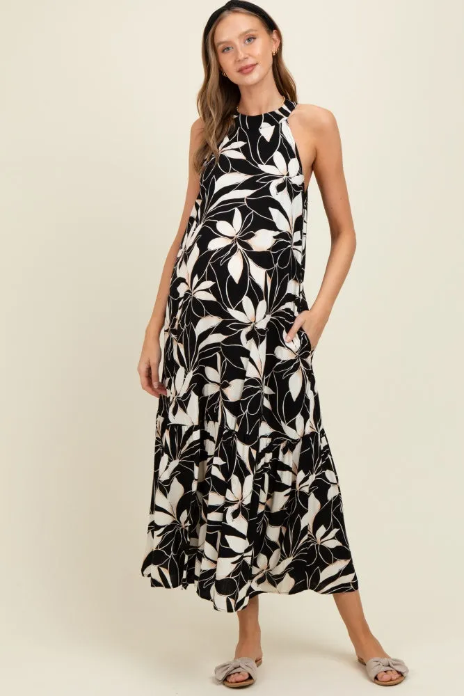 Black/Beige Print Halter Neck Tiered Maternity Maxi Dress sold by Pinkblush