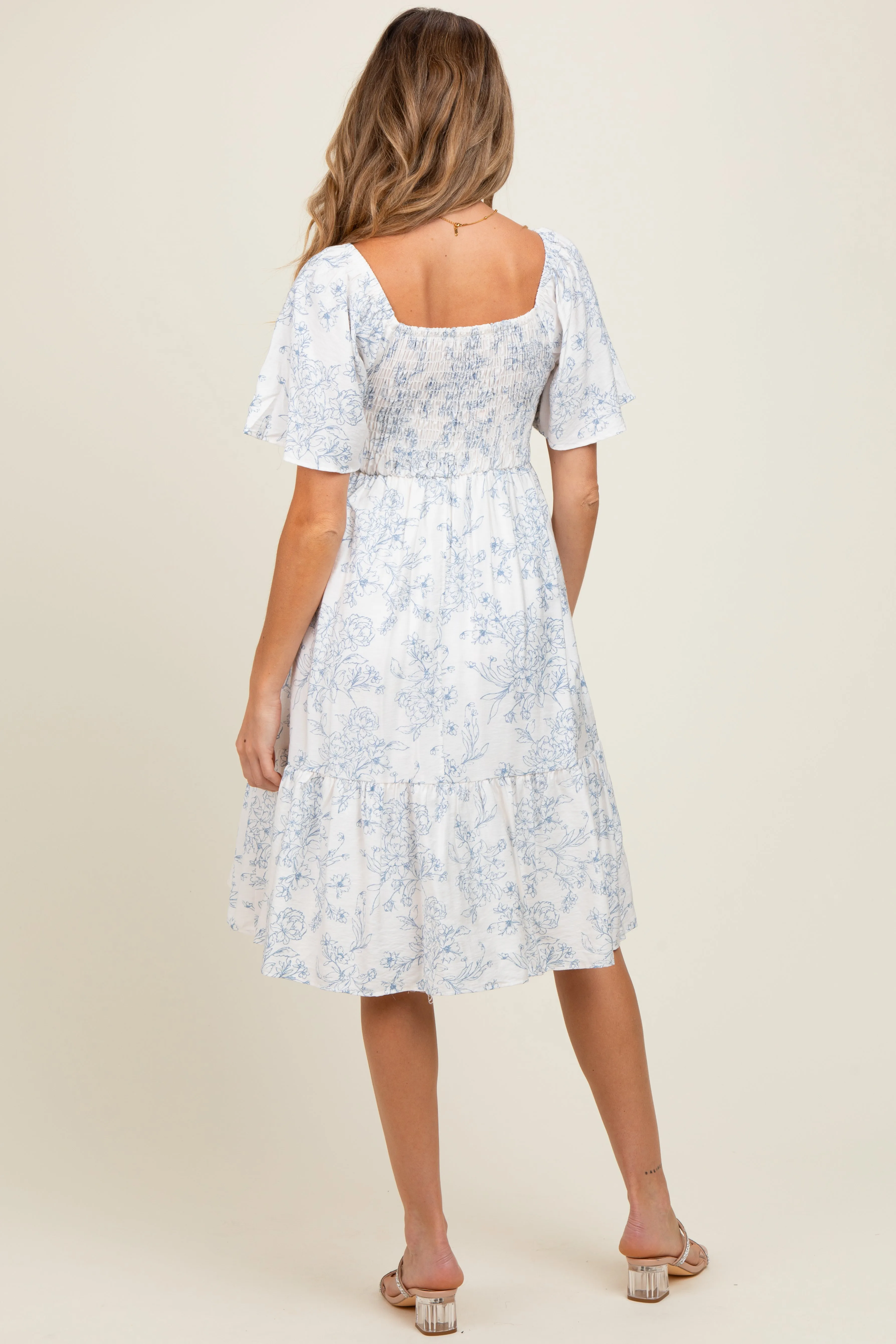 Cream Floral Smocked Flutter Sleeve Maternity Midi Dress sold by Pinkblush product image thumbnail 3