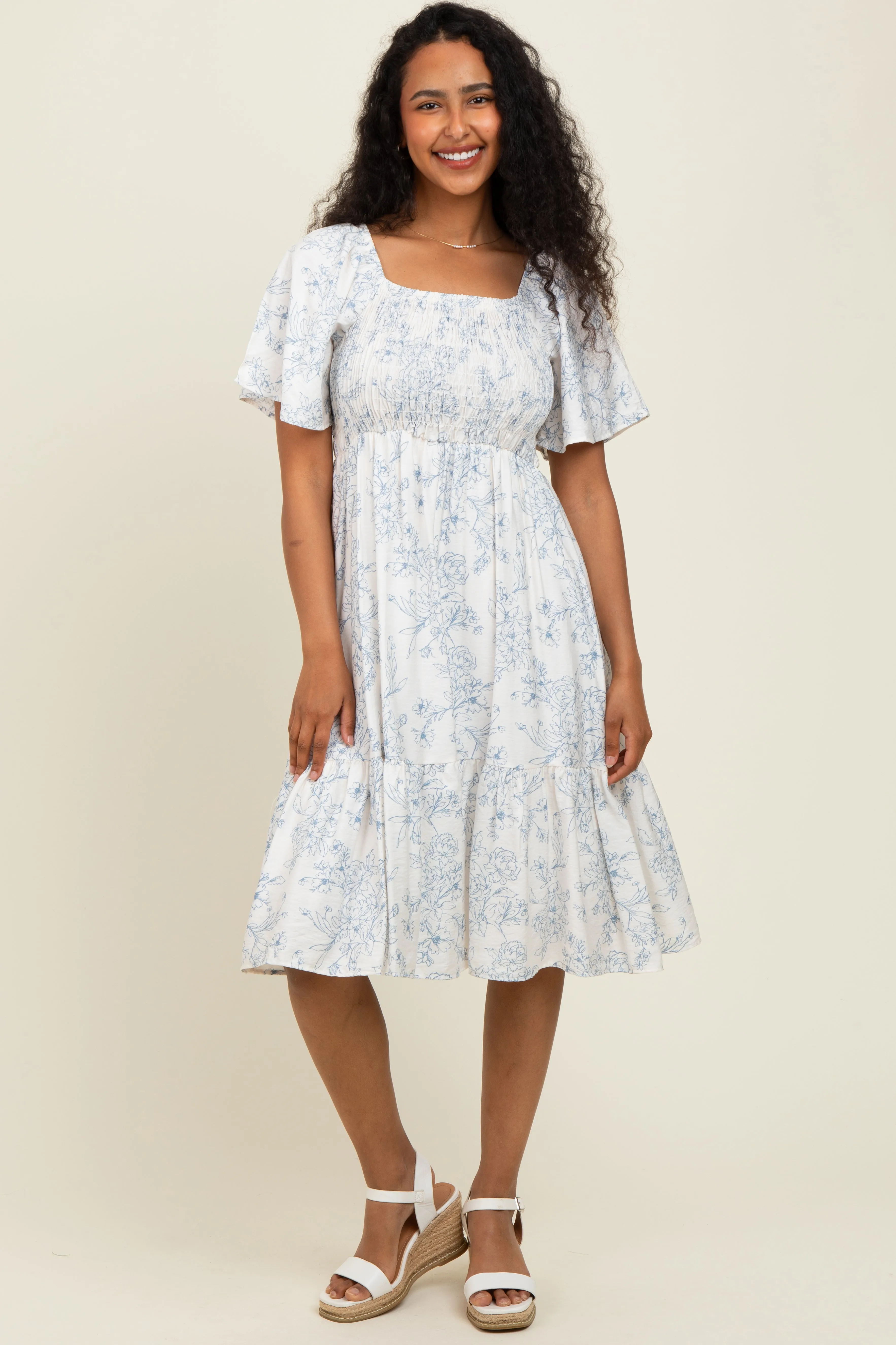 Cream Floral Smocked Flutter Sleeve Maternity Midi Dress sold by Pinkblush product image thumbnail 4