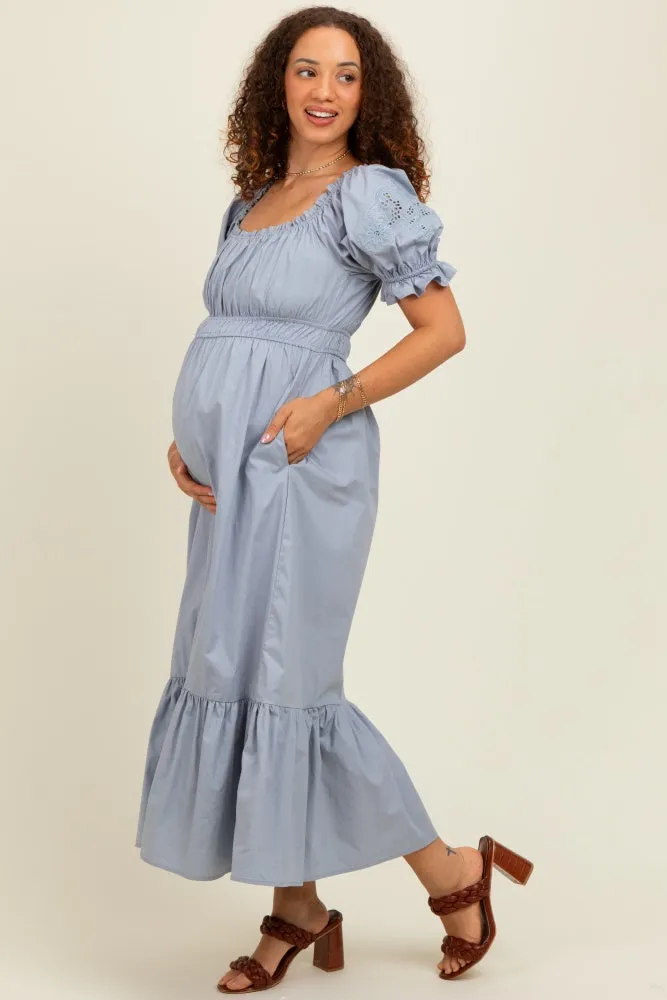 Dusty Blue Eyelet Embroidered Sleeve Cotton Maternity Midi Dress sold by Pinkblush product image thumbnail 2