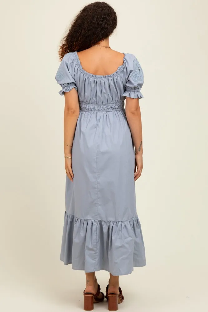 Dusty Blue Eyelet Embroidered Sleeve Cotton Maternity Midi Dress sold by Pinkblush product image thumbnail 3