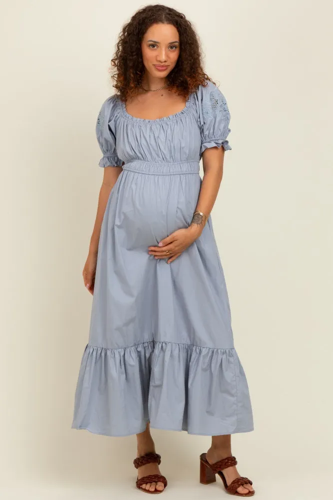 Dusty Blue Eyelet Embroidered Sleeve Cotton Maternity Midi Dress sold by Pinkblush