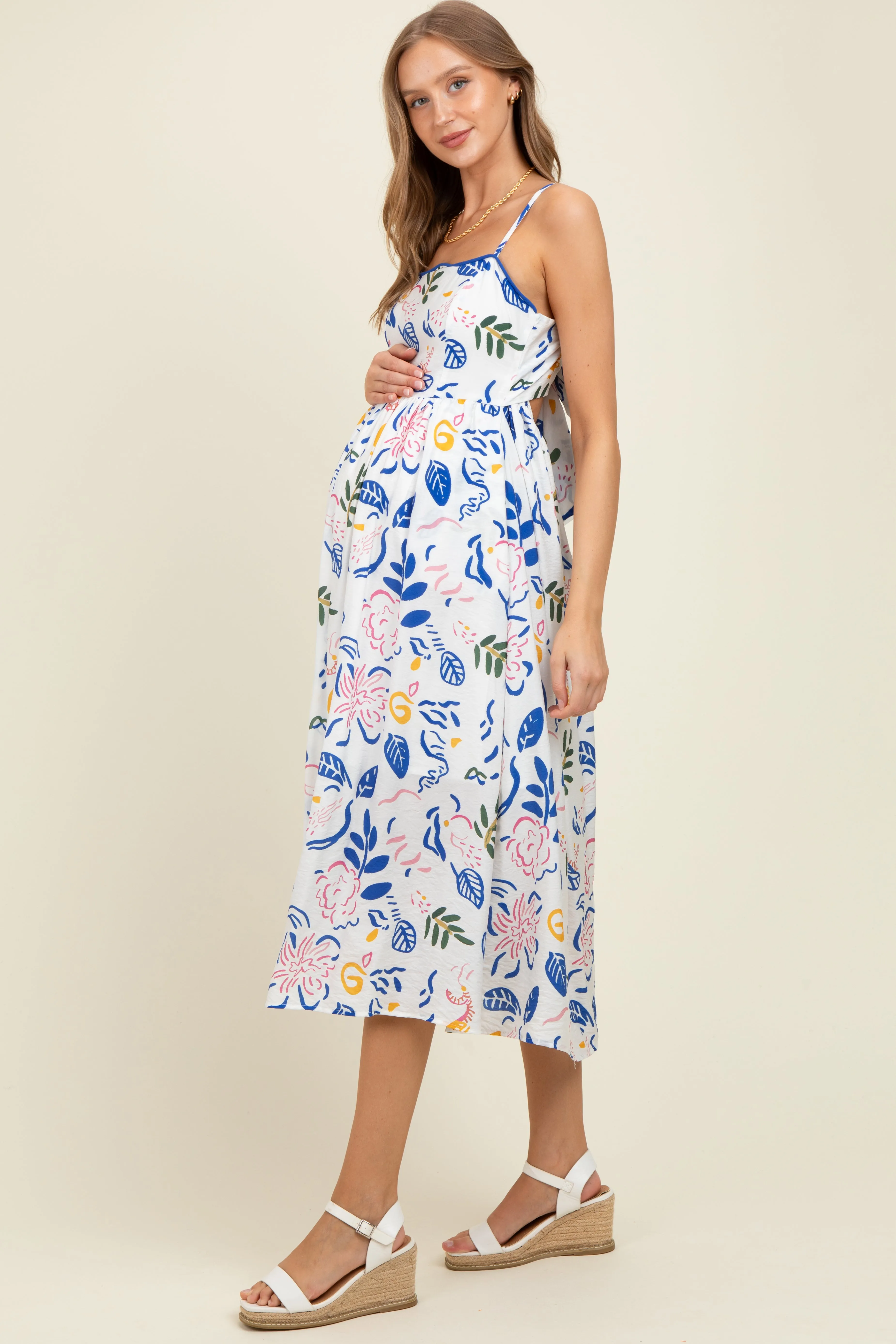Ivory/Blue Leaf Printed Contrast Piping Detail Maternity Midi Dress sold by Pinkblush product image thumbnail 3
