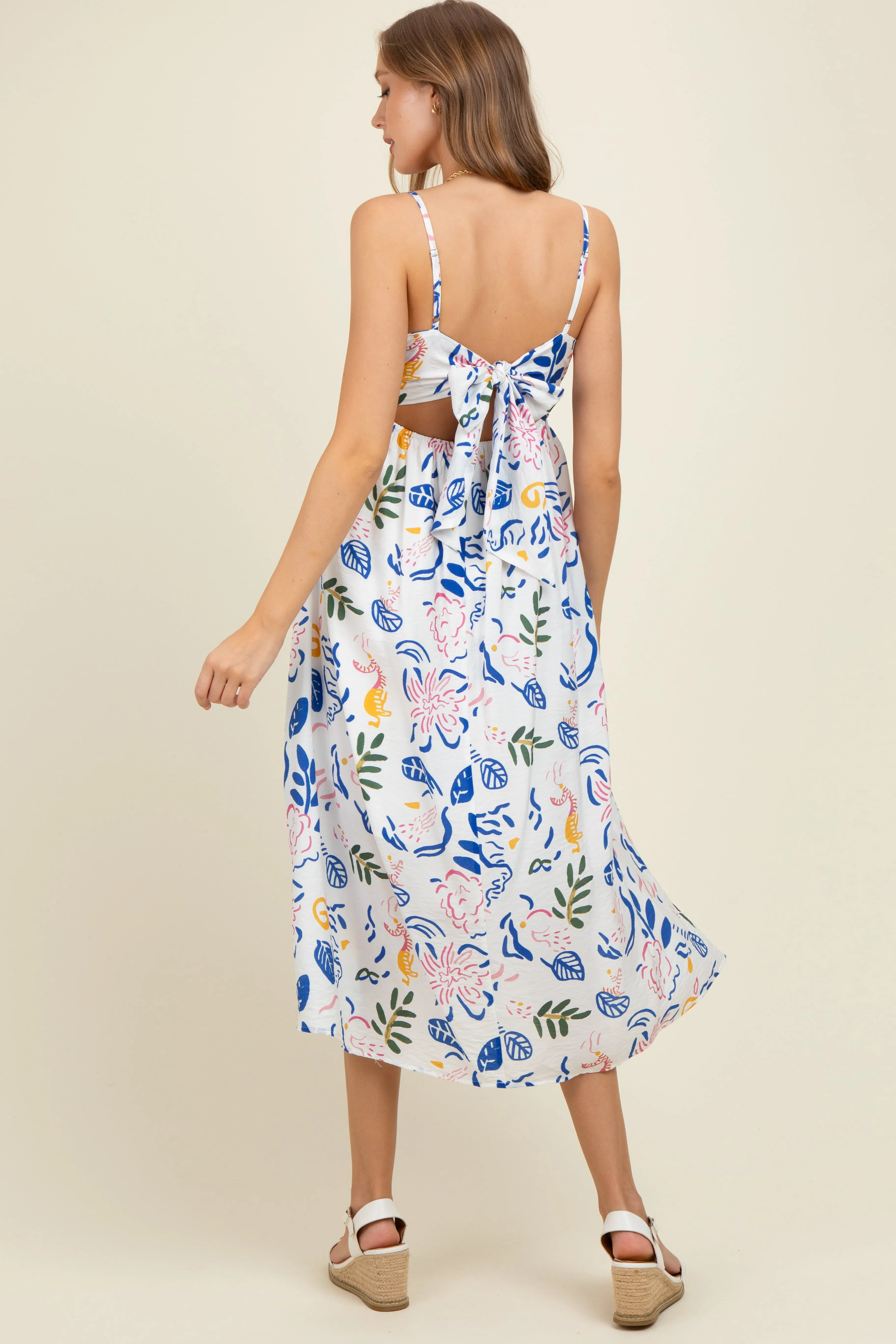 Ivory/Blue Leaf Printed Contrast Piping Detail Maternity Midi Dress sold by Pinkblush product image thumbnail 4