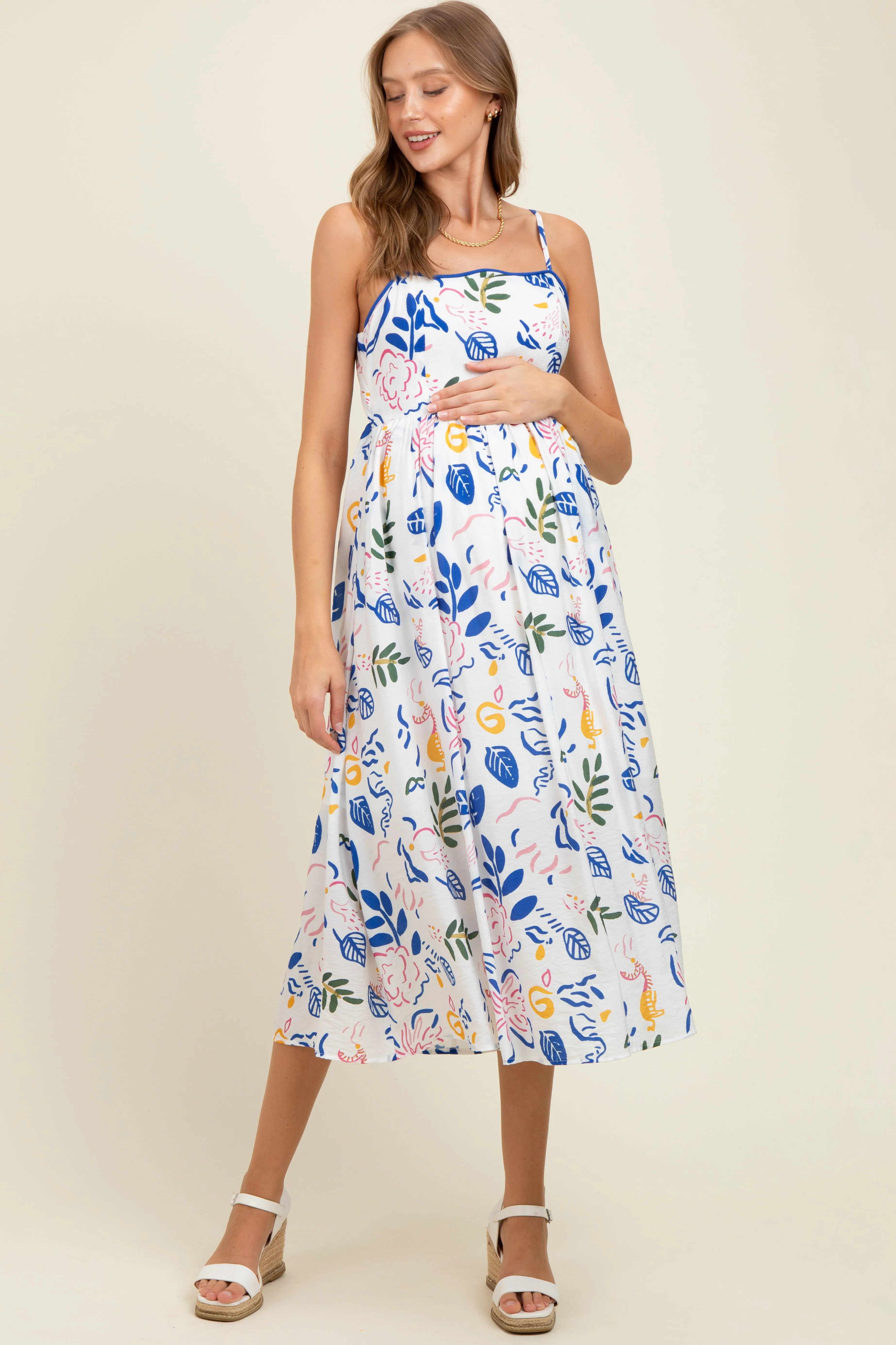 Ivory/Blue Leaf Printed Contrast Piping Detail Maternity Midi Dress sold by Pinkblush