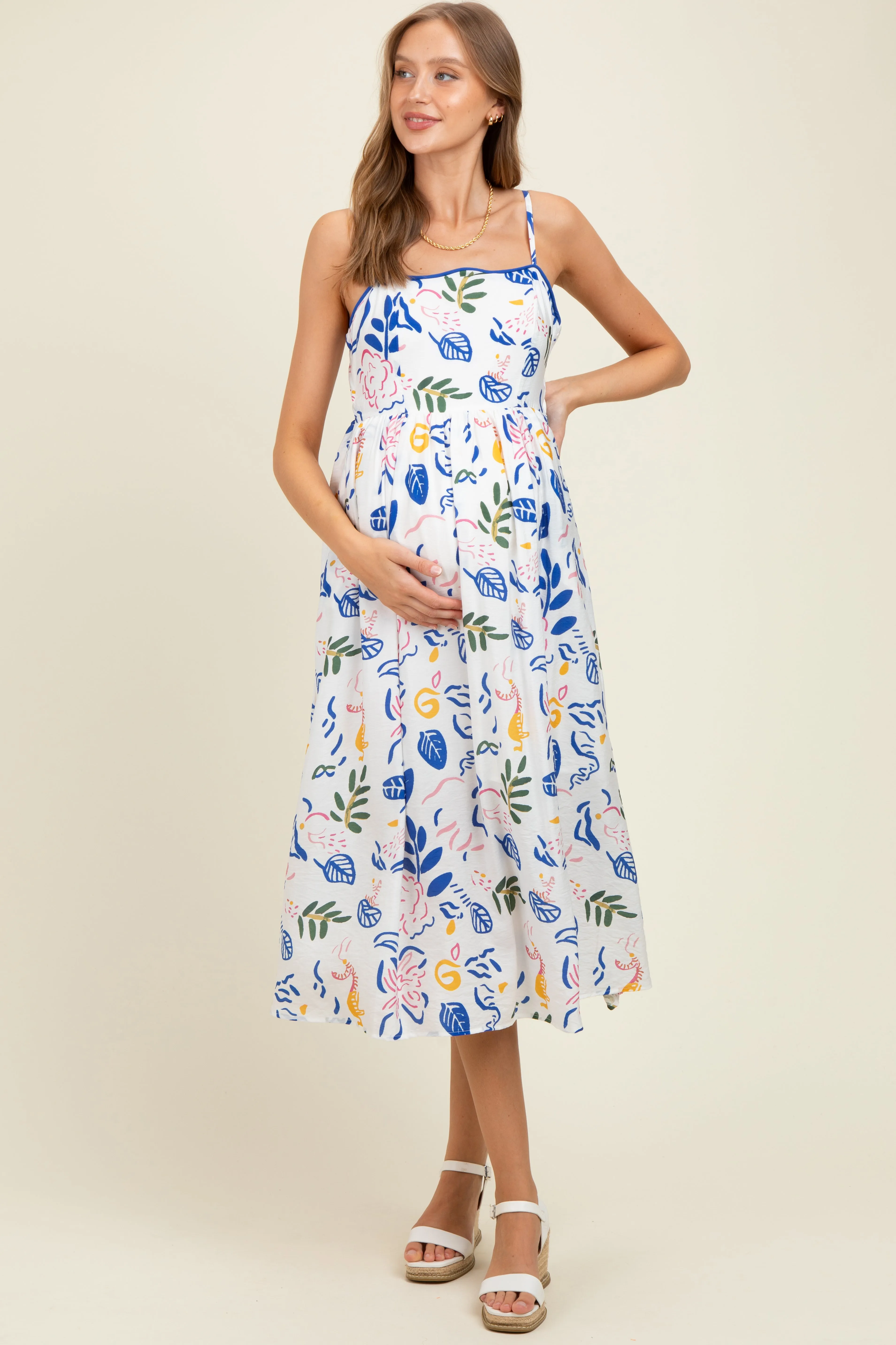 Ivory/Blue Leaf Printed Contrast Piping Detail Maternity Midi Dress sold by Pinkblush product image thumbnail 2
