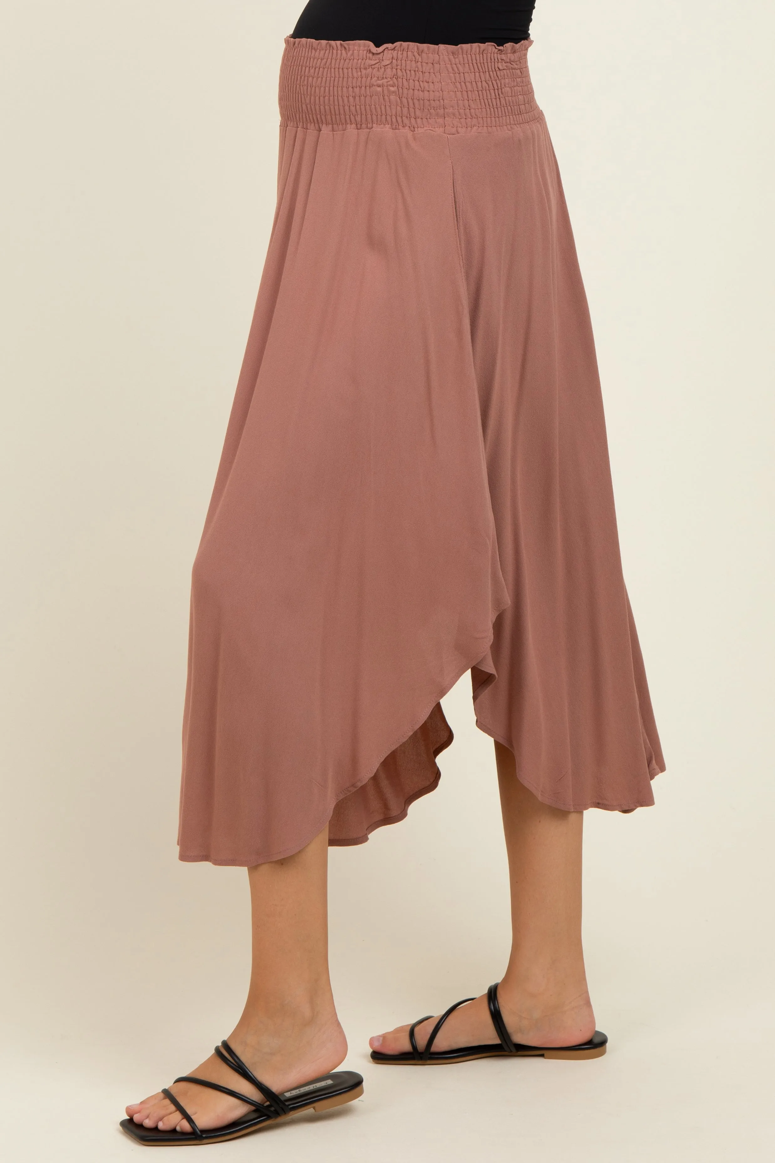 Mauve Smocked Waist Rounded Hem Maternity Midi Skirt sold by Pinkblush product image thumbnail 4