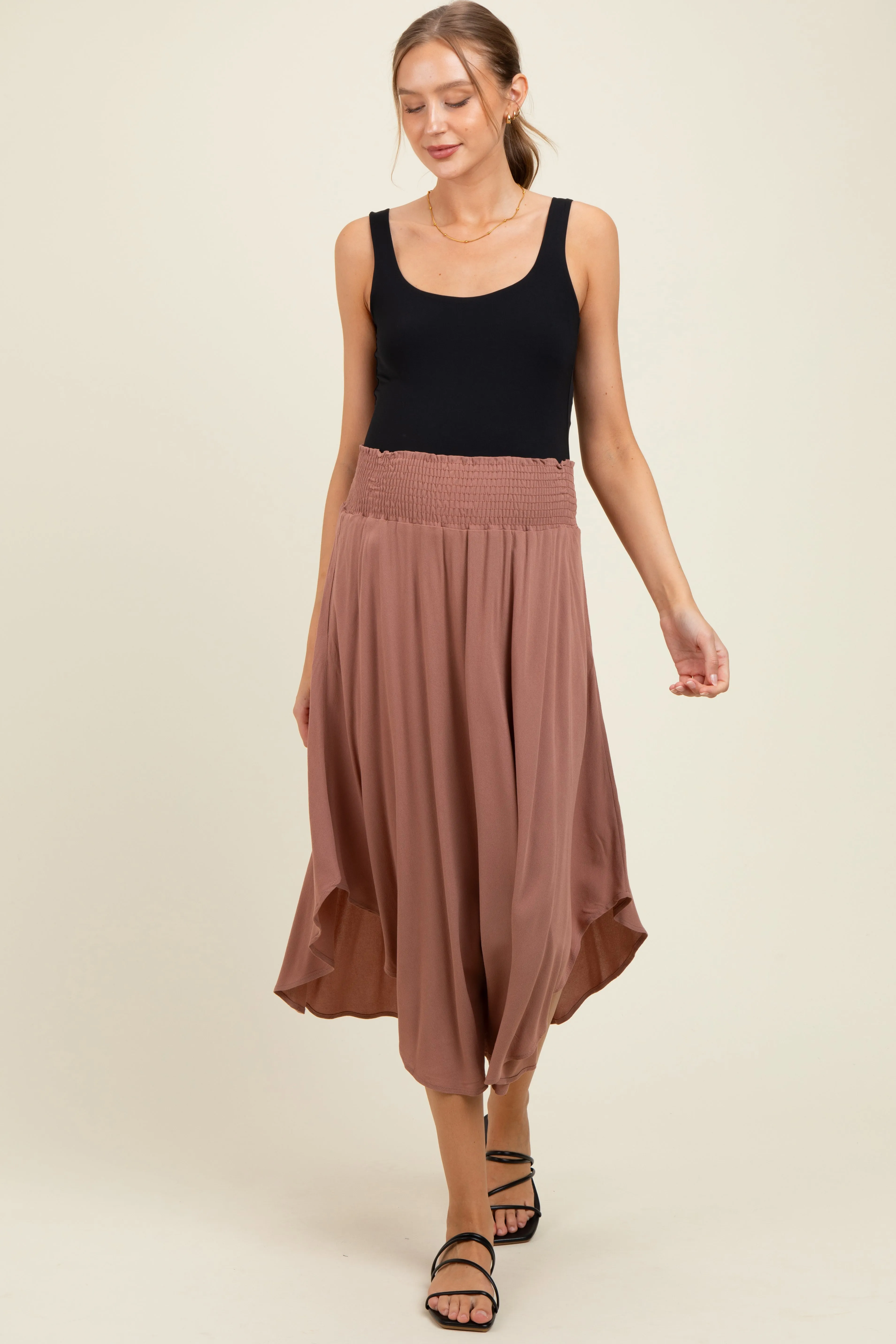 Mauve Smocked Waist Rounded Hem Maternity Midi Skirt sold by Pinkblush