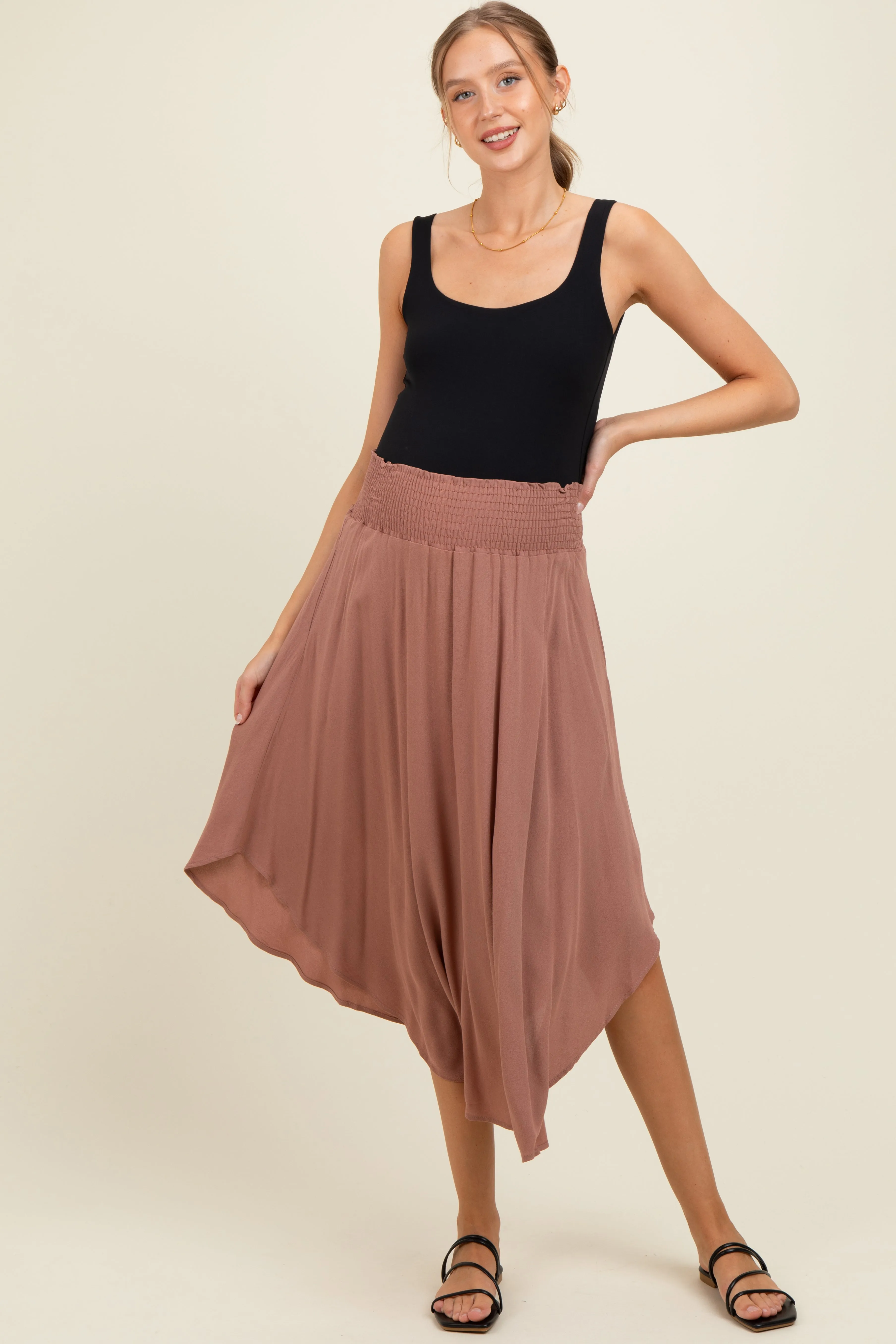 Mauve Smocked Waist Rounded Hem Maternity Midi Skirt sold by Pinkblush product image thumbnail 2