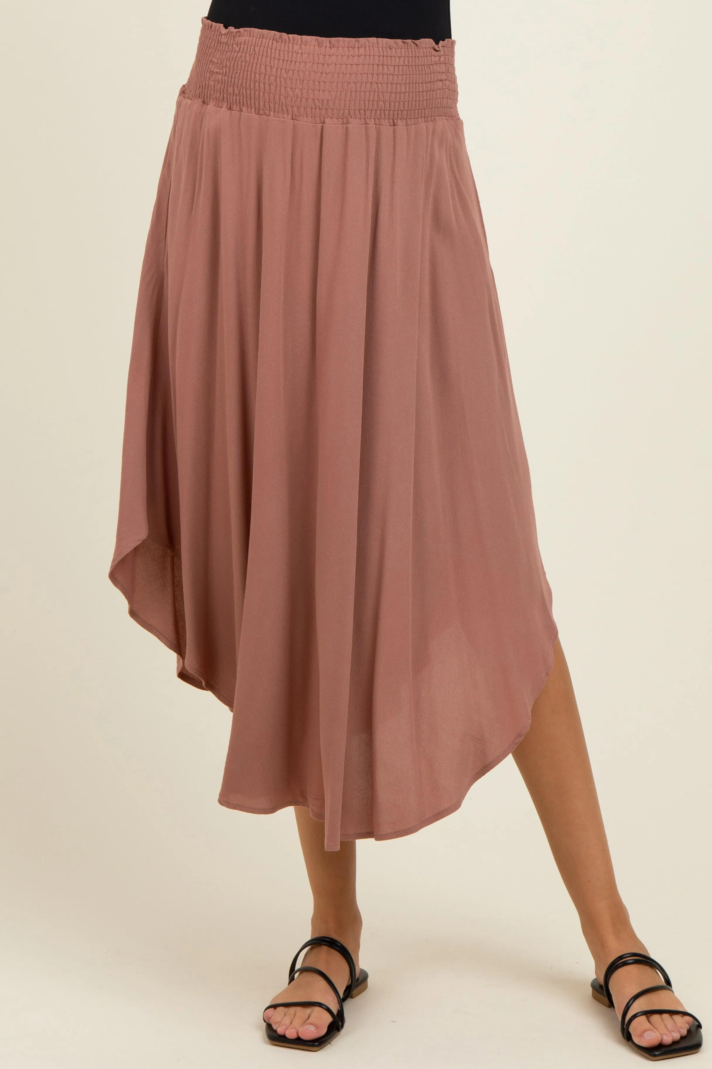 Mauve Smocked Waist Rounded Hem Maternity Midi Skirt sold by Pinkblush product image thumbnail 3