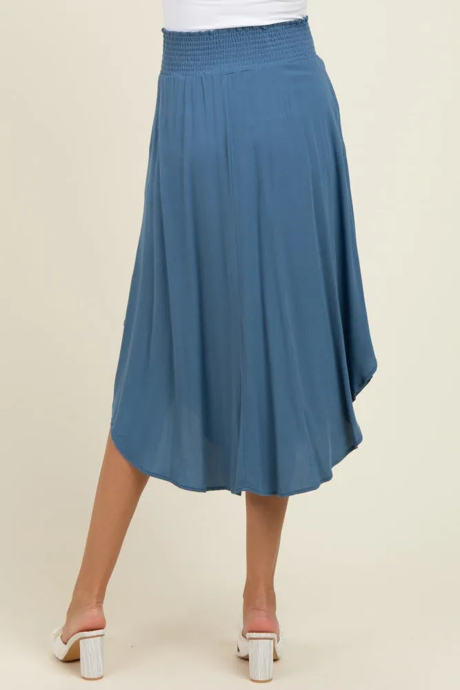 Blue Smocked Waist Rounded Hem Maternity Midi Skirt sold by Pinkblush product image thumbnail 4