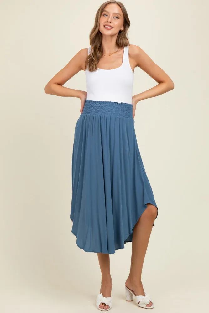 Blue Smocked Waist Rounded Hem Maternity Midi Skirt sold by Pinkblush