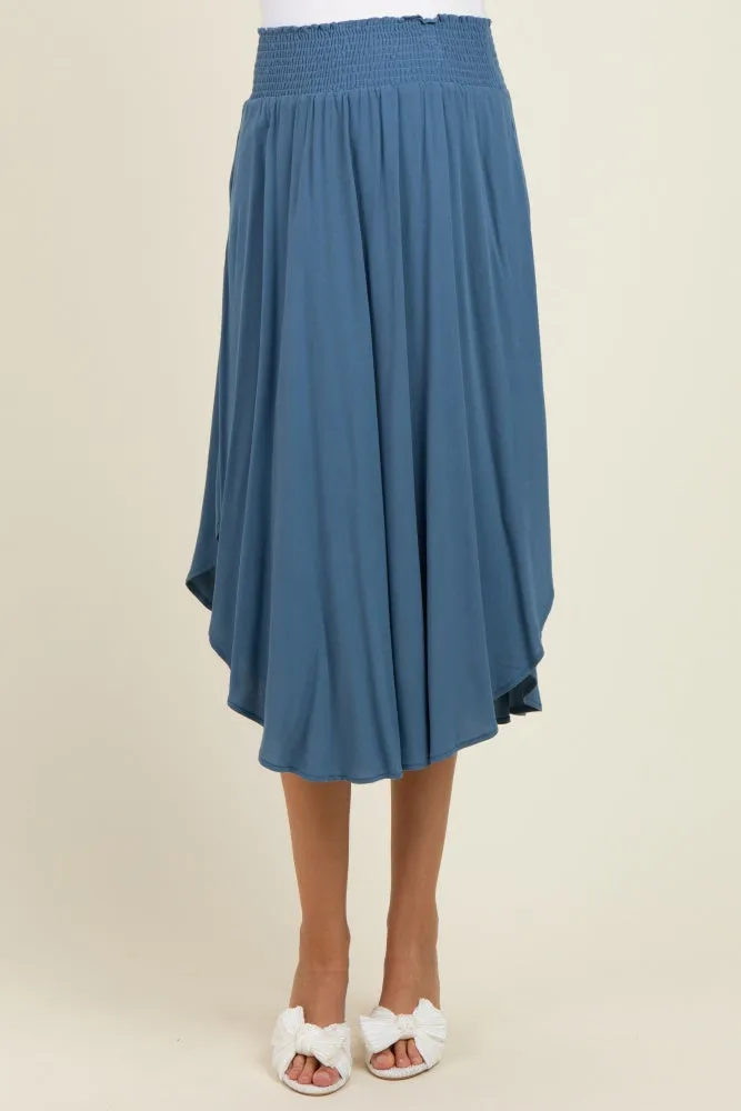 Blue Smocked Waist Rounded Hem Maternity Midi Skirt sold by Pinkblush product image thumbnail 2