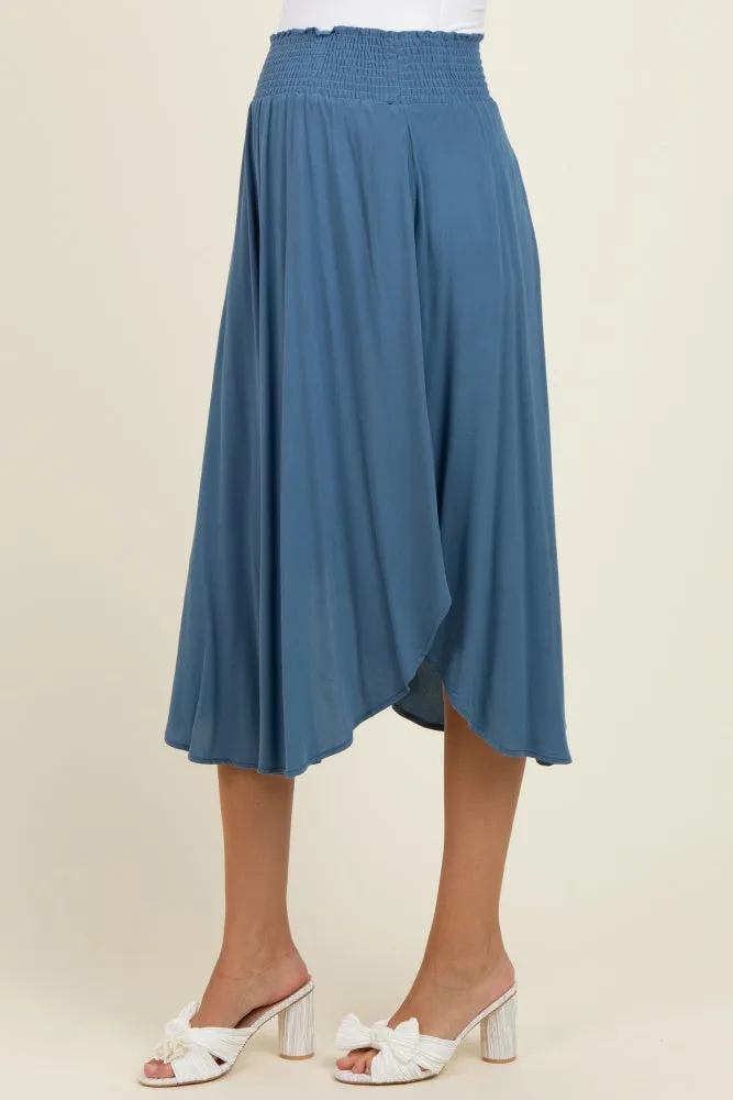 Blue Smocked Waist Rounded Hem Maternity Midi Skirt sold by Pinkblush product image thumbnail 3