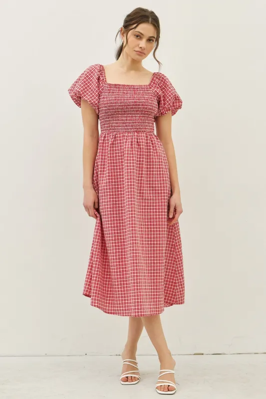 Red Textured Plaid Pen Back Midi Dress sold by Pinkblush