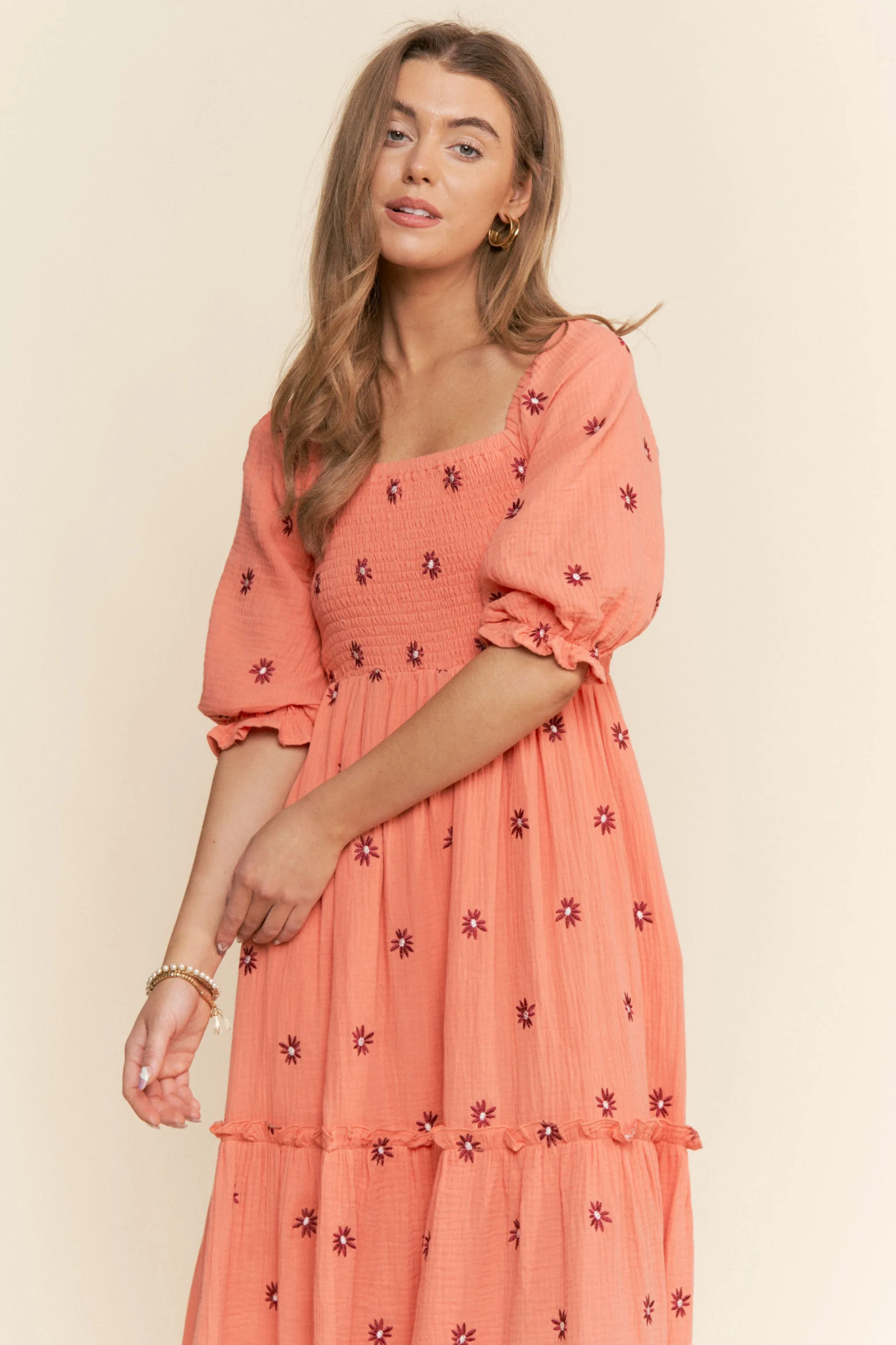 Orange Floral Smocked Puff Sleeve Maxi Dress sold by Pinkblush product image thumbnail 5