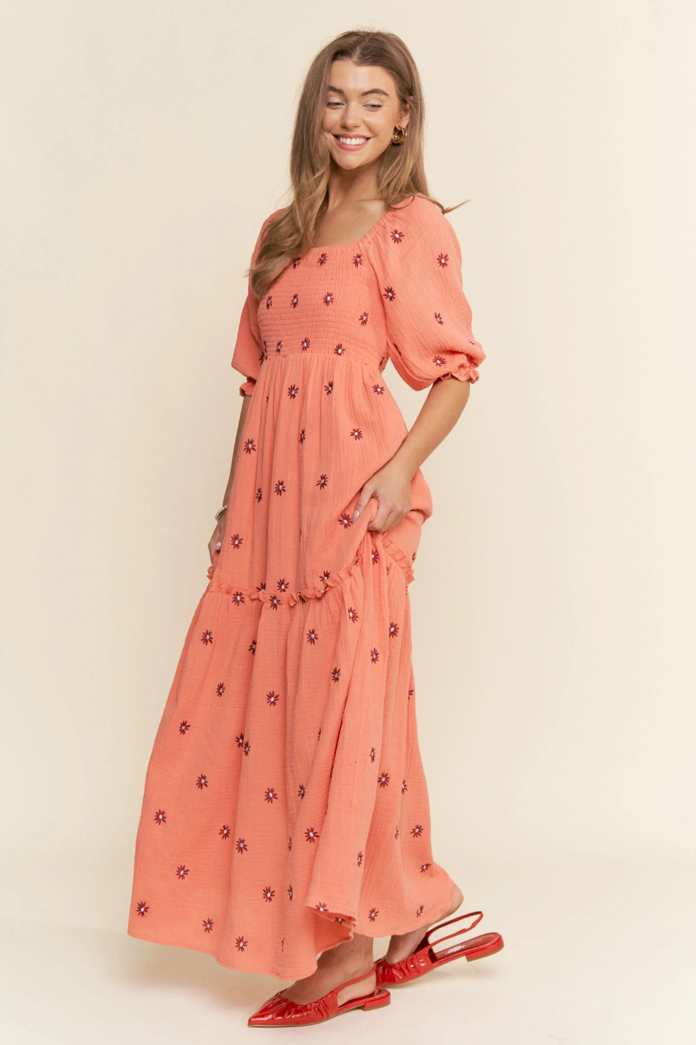 Orange Floral Smocked Puff Sleeve Maxi Dress sold by Pinkblush product image thumbnail 2