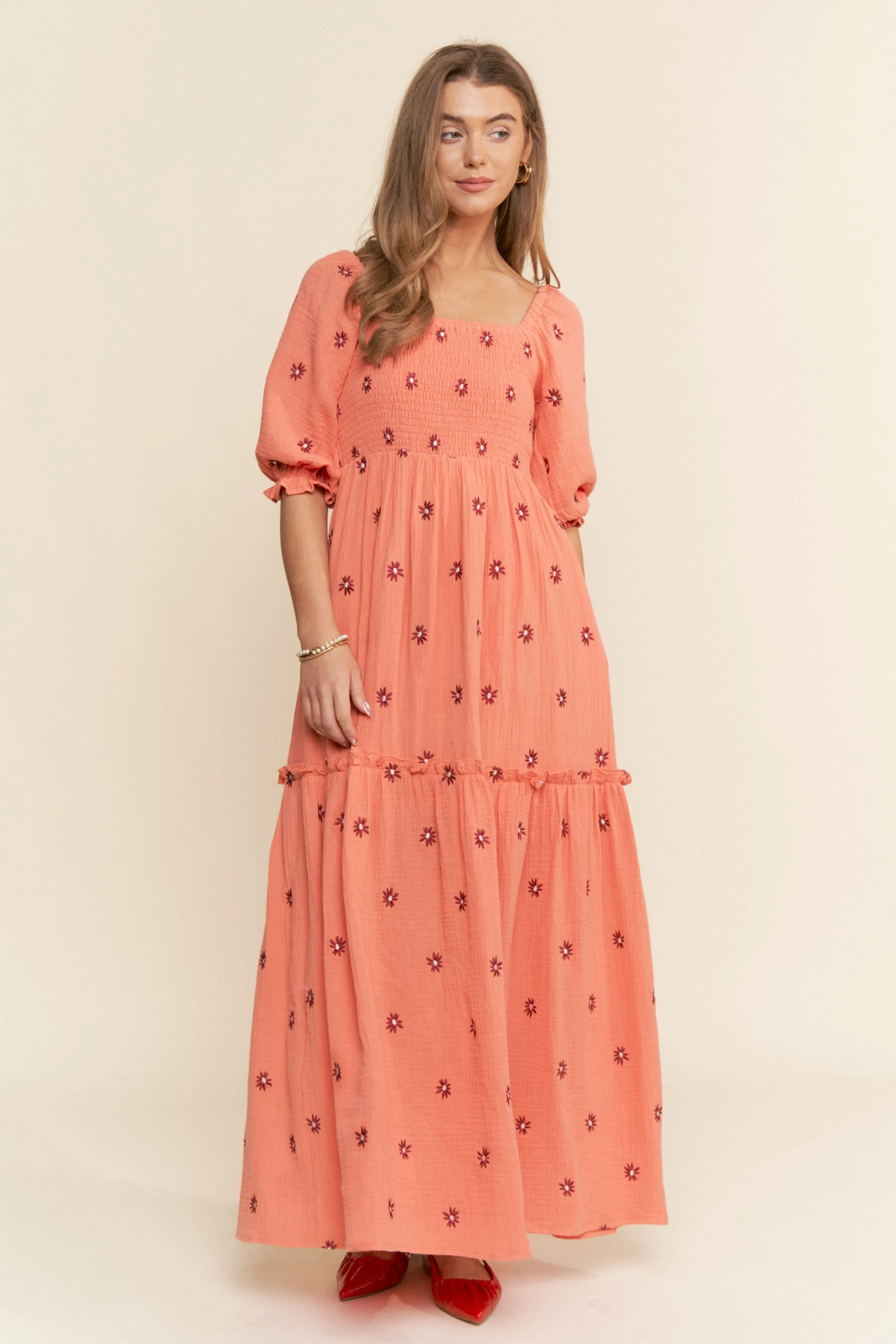 Orange Floral Smocked Puff Sleeve Maxi Dress sold by Pinkblush product image thumbnail 4
