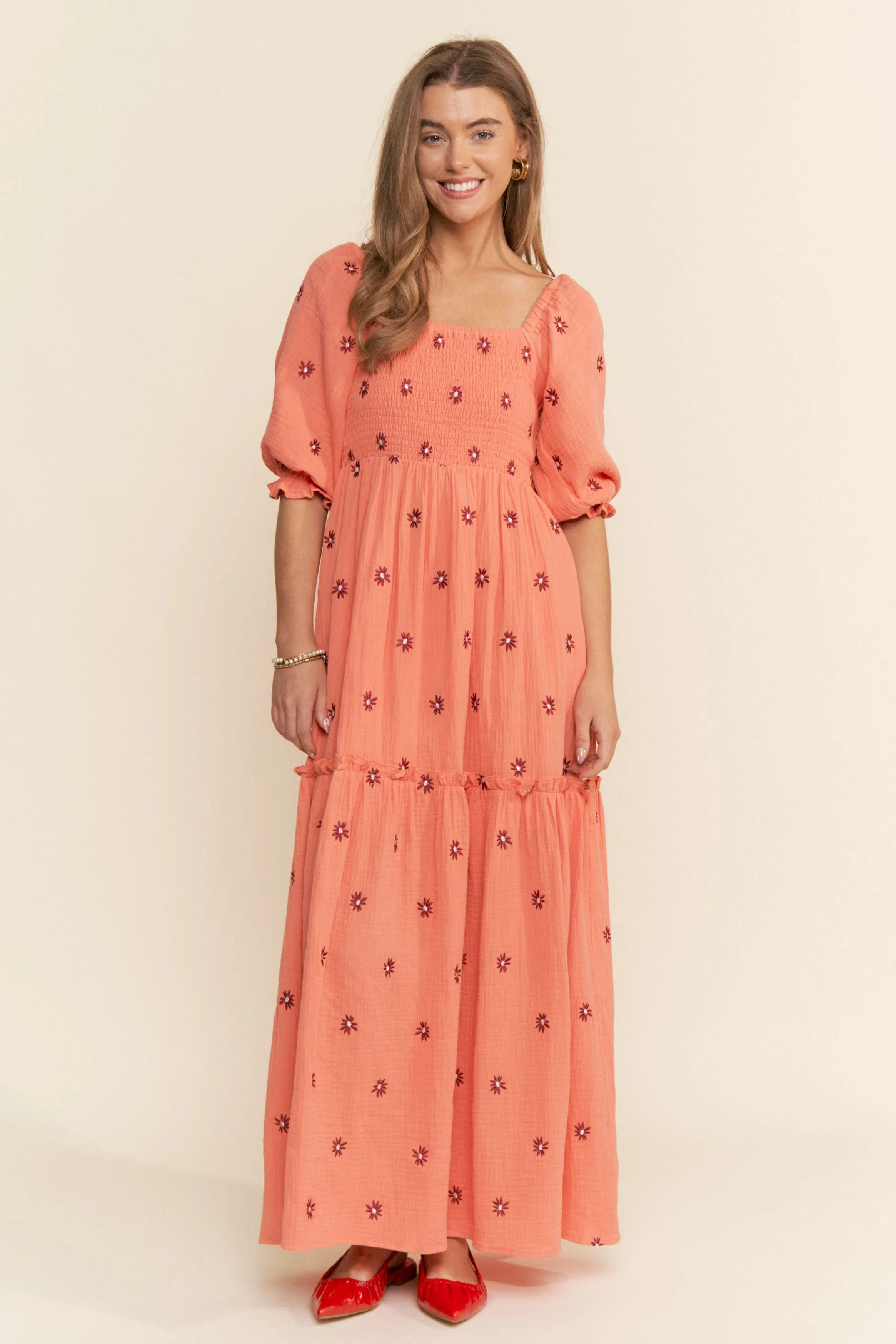 Orange Floral Smocked Puff Sleeve Maxi Dress sold by Pinkblush