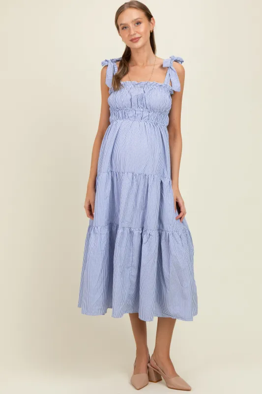Blue Striped Shoulder Tie Ruffle Accent Tiered Maternity Maxi Dress sold by Pinkblush