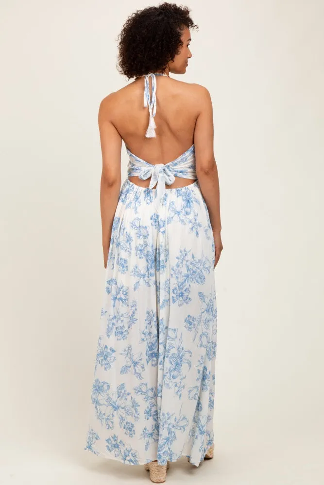 Light Blue Floral Tie-Back Halter Maxi Dress sold by Pinkblush product image thumbnail 4