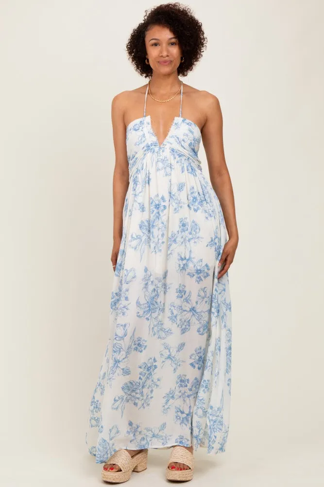 Light Blue Floral Tie-Back Halter Maxi Dress sold by Pinkblush product image thumbnail 2
