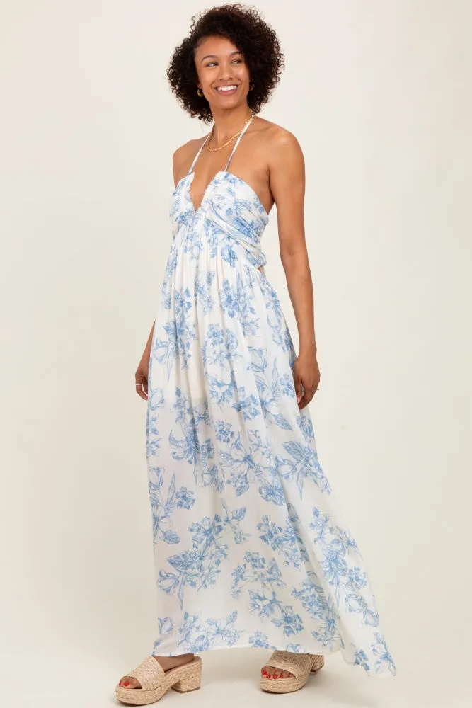 Light Blue Floral Tie-Back Halter Maxi Dress sold by Pinkblush product image thumbnail 3